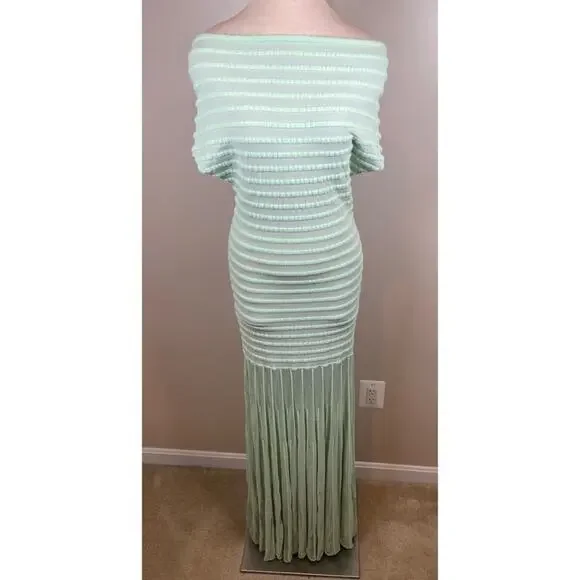 Alexis Marce Off the Shoulder Knit Mint Green Striped Maxi Dress Size Large - Picture 4 of 11